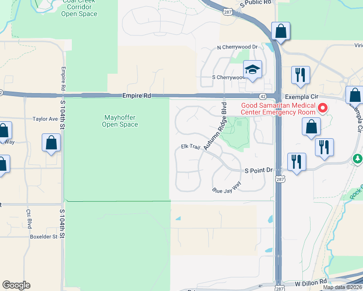 map of restaurants, bars, coffee shops, grocery stores, and more near 333 Elk Trail in Lafayette