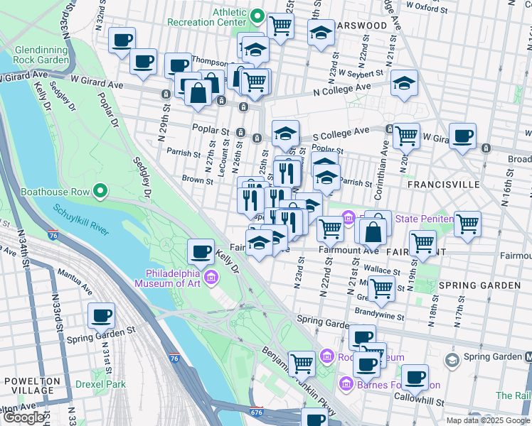 map of restaurants, bars, coffee shops, grocery stores, and more near 737 North Taylor Street in Philadelphia
