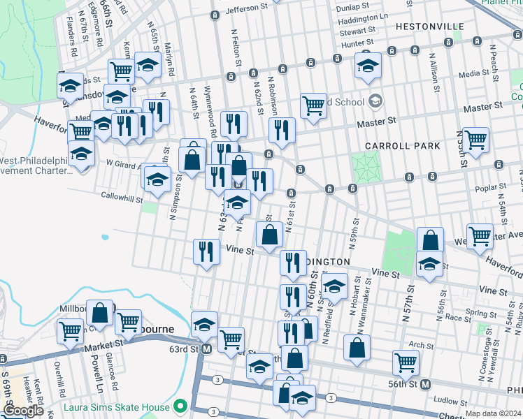 map of restaurants, bars, coffee shops, grocery stores, and more near 423 North 62nd Street in Philadelphia