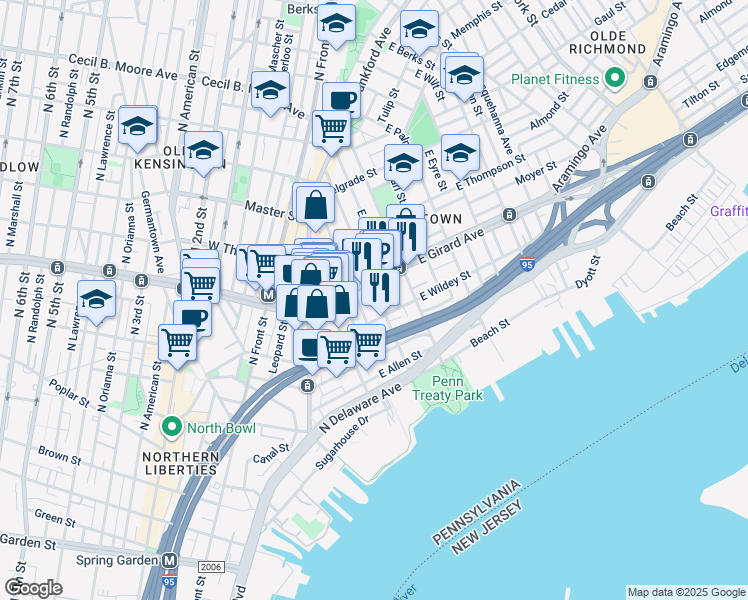 map of restaurants, bars, coffee shops, grocery stores, and more near 1120 Marlborough Street in Philadelphia
