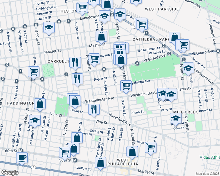 map of restaurants, bars, coffee shops, grocery stores, and more near 5316 Wyalusing Avenue in Philadelphia