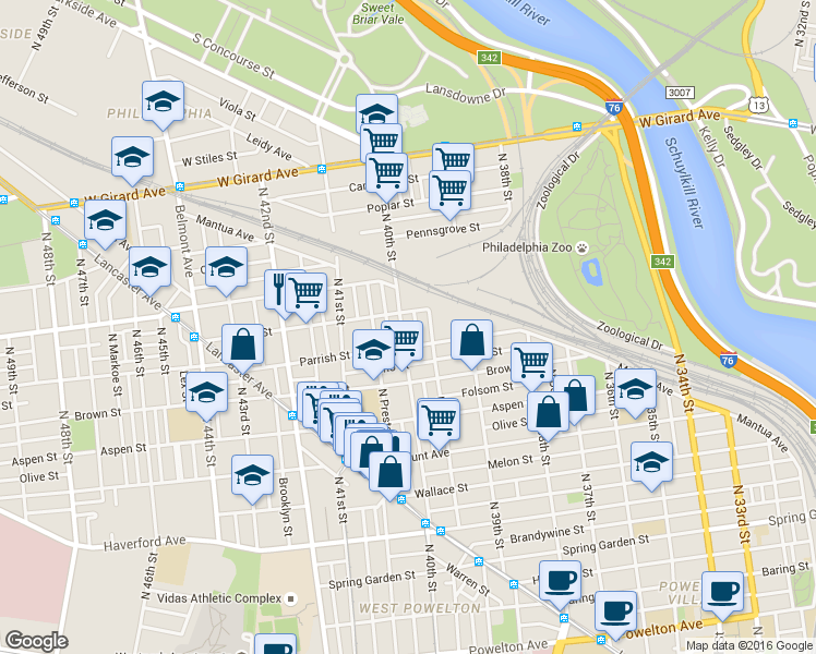 map of restaurants, bars, coffee shops, grocery stores, and more near 855 North 40th Street in Philadelphia