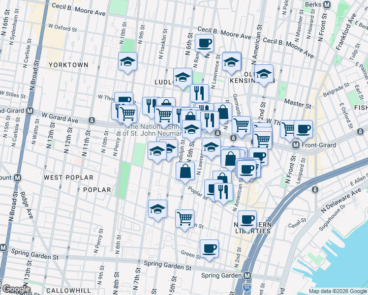 map of restaurants, bars, coffee shops, grocery stores, and more near 988 North 5th Street in Philadelphia