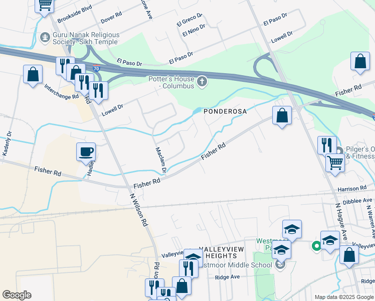 map of restaurants, bars, coffee shops, grocery stores, and more near 3350 Fisher Road in Columbus