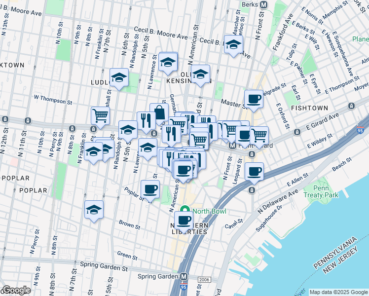 map of restaurants, bars, coffee shops, grocery stores, and more near 1135 Germantown Ave in Philadelphia