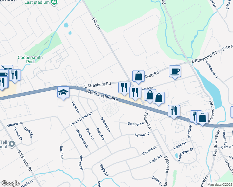 map of restaurants, bars, coffee shops, grocery stores, and more near 1223 West Chester Pike in West Chester