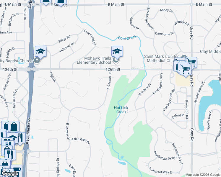 map of restaurants, bars, coffee shops, grocery stores, and more near 3759 East Carmel Drive in Carmel
