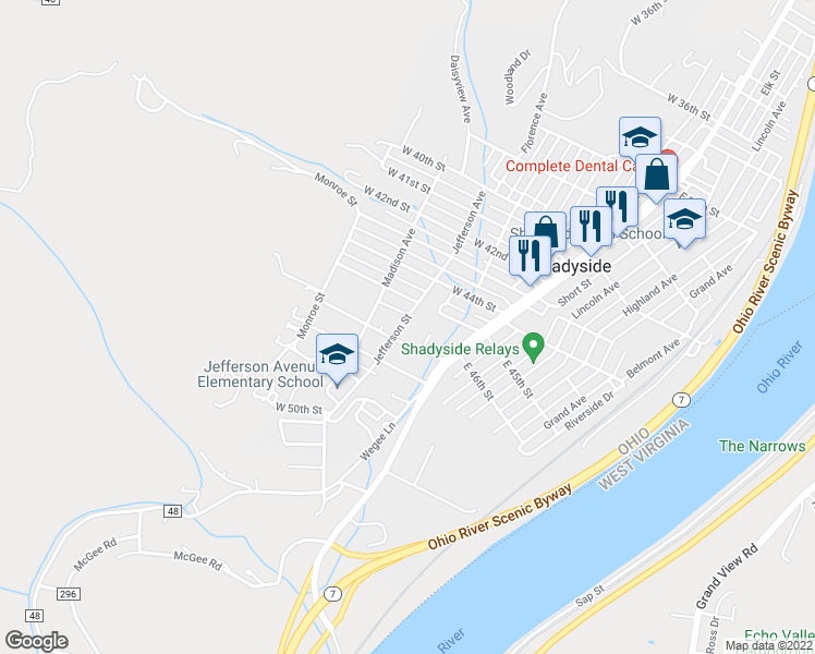 map of restaurants, bars, coffee shops, grocery stores, and more near 4570 Jefferson Avenue in Shadyside