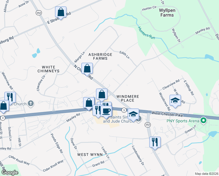 map of restaurants, bars, coffee shops, grocery stores, and more near 103 North Chester Road in West Chester