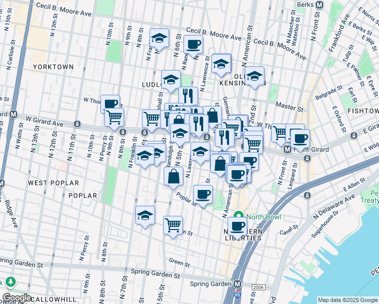 map of restaurants, bars, coffee shops, grocery stores, and more near 1038 North Lawrence Street in Philadelphia