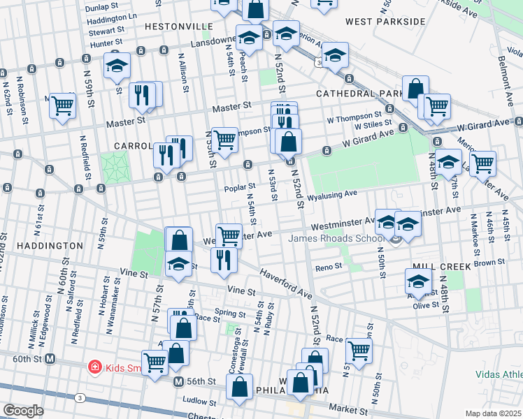 map of restaurants, bars, coffee shops, grocery stores, and more near 5316 Wyalusing Avenue in Philadelphia