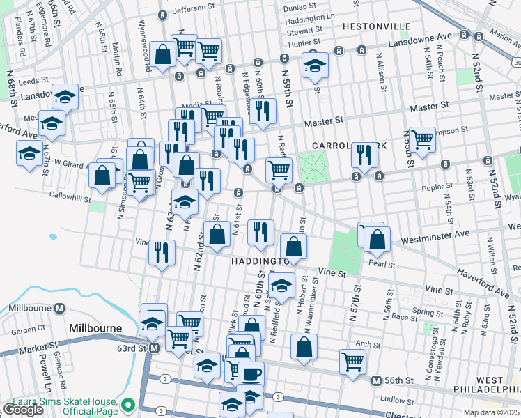map of restaurants, bars, coffee shops, grocery stores, and more near 441 North Edgewood Street in Philadelphia
