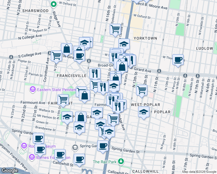map of restaurants, bars, coffee shops, grocery stores, and more near 1504 Parrish Street in Philadelphia