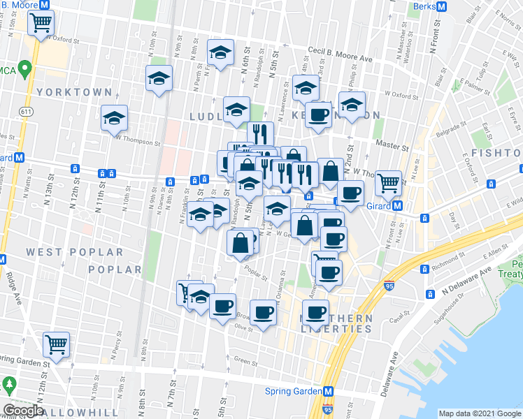 map of restaurants, bars, coffee shops, grocery stores, and more near 1038 North Lawrence Street in Philadelphia