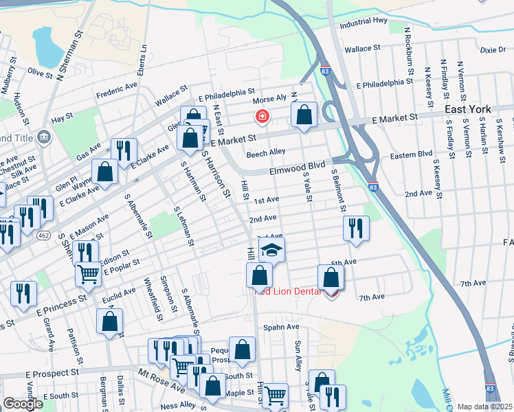 map of restaurants, bars, coffee shops, grocery stores, and more near 1410 1st Avenue in York