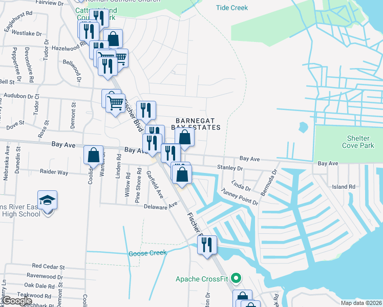 map of restaurants, bars, coffee shops, grocery stores, and more near 1246 Bay Avenue in Toms River