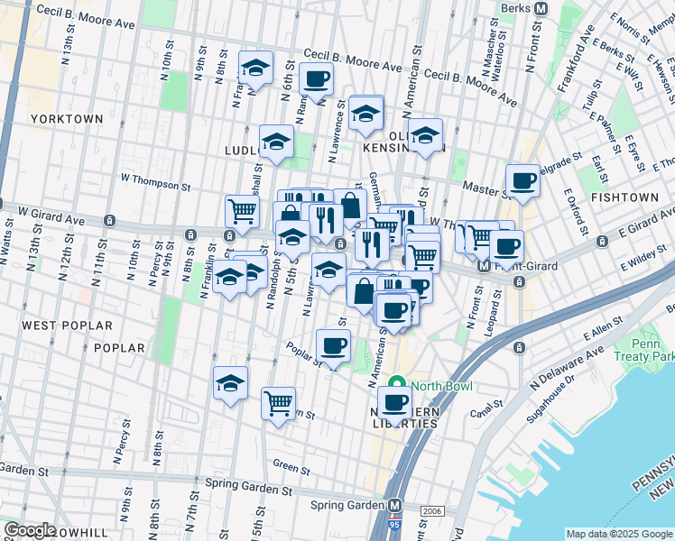 map of restaurants, bars, coffee shops, grocery stores, and more near 1140 North Orianna Street in Philadelphia
