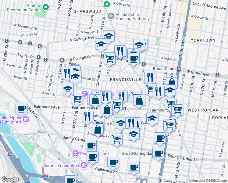 map of restaurants, bars, coffee shops, grocery stores, and more near 803 North 19th Street in Philadelphia