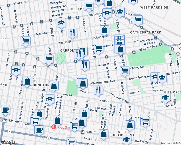 map of restaurants, bars, coffee shops, grocery stores, and more near 5539 Wyalusing Avenue in Philadelphia