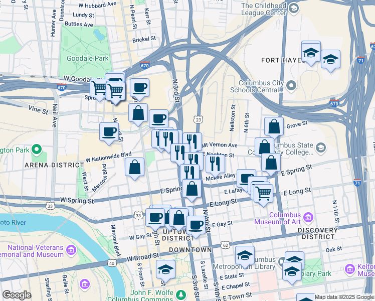 map of restaurants, bars, coffee shops, grocery stores, and more near 76 E Nationwide Blvd in Columbus