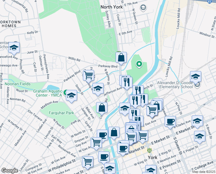 map of restaurants, bars, coffee shops, grocery stores, and more near 526 North Beaver Street in York