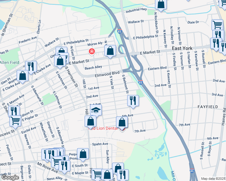 map of restaurants, bars, coffee shops, grocery stores, and more near 1537 2nd Avenue in York