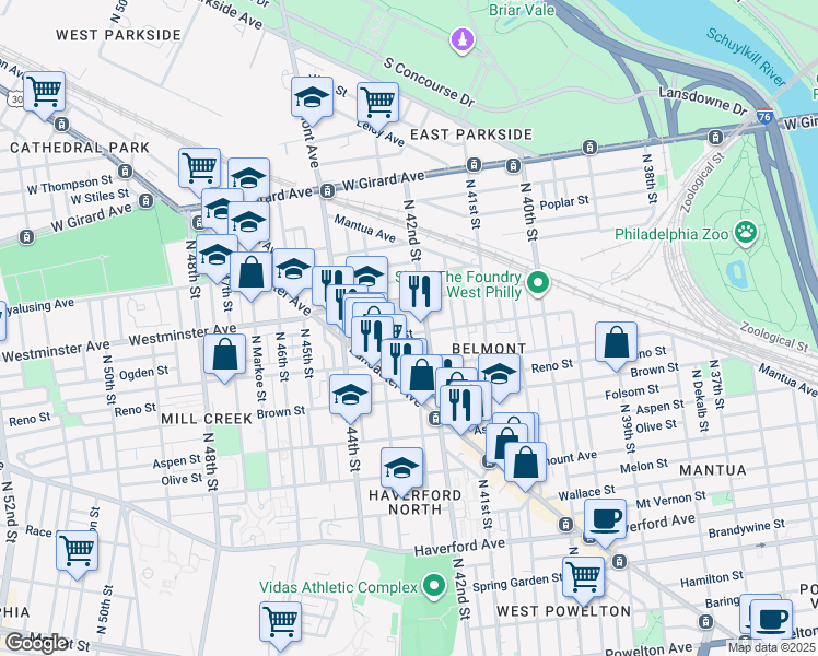 map of restaurants, bars, coffee shops, grocery stores, and more near 4221 Ogden Street in Philadelphia