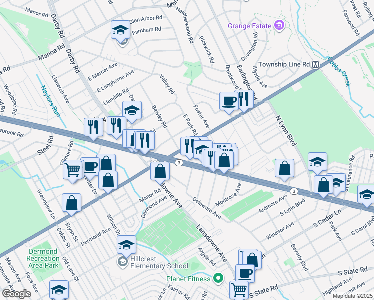 map of restaurants, bars, coffee shops, grocery stores, and more near 61 Bewley Road in Delaware County