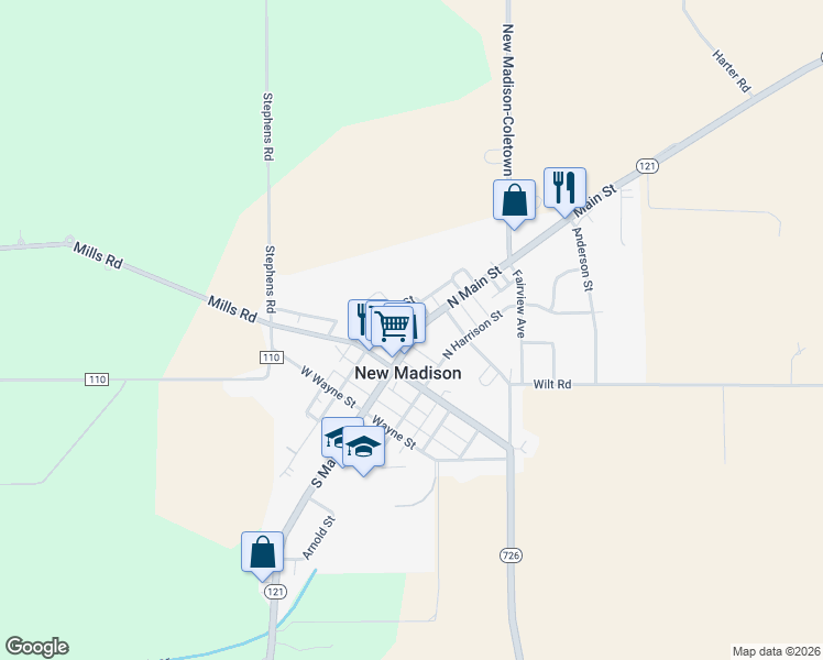 map of restaurants, bars, coffee shops, grocery stores, and more near 130 N Main St in New Madison