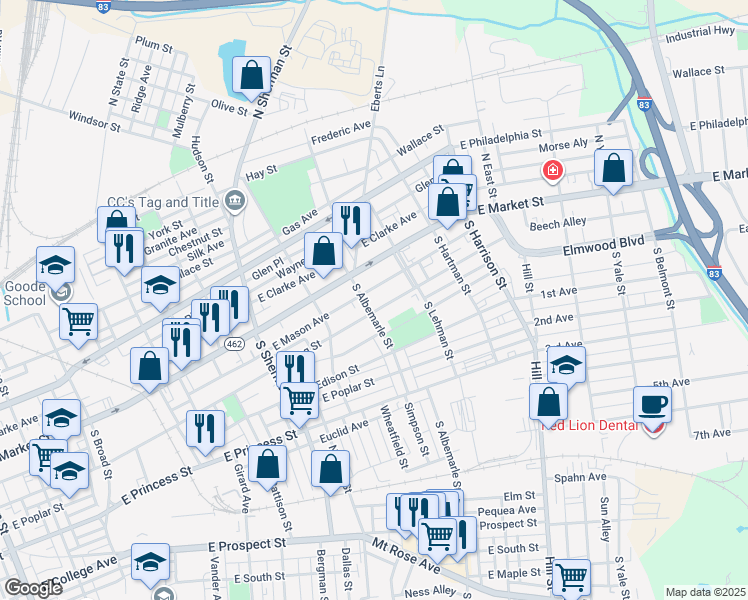 map of restaurants, bars, coffee shops, grocery stores, and more near 1005 E King St in York
