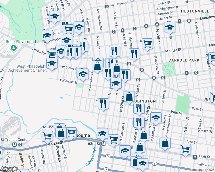 map of restaurants, bars, coffee shops, grocery stores, and more near 6311 Callowhill Street in Philadelphia