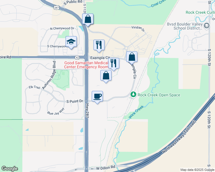 map of restaurants, bars, coffee shops, grocery stores, and more near 300 Exempla Circle in Lafayette
