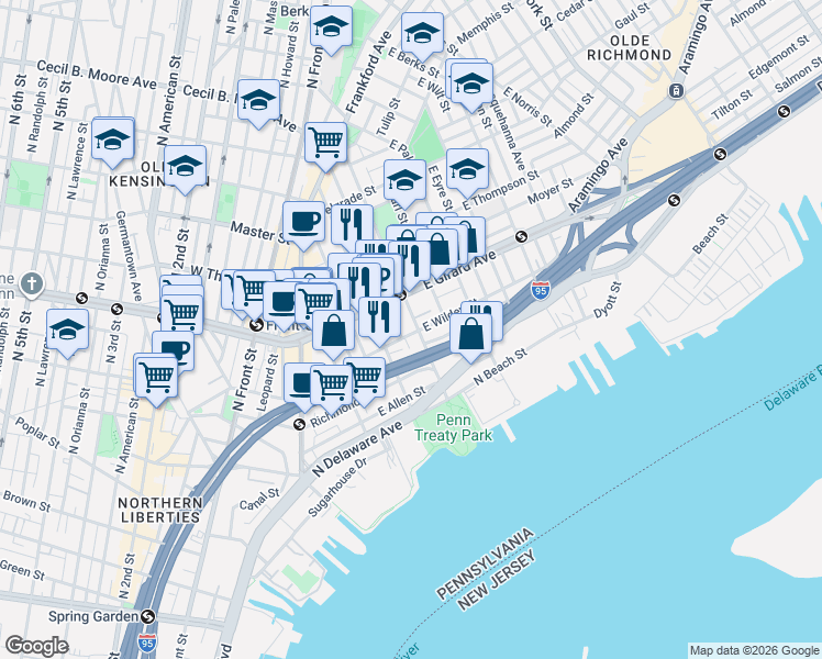 map of restaurants, bars, coffee shops, grocery stores, and more near in Philadelphia