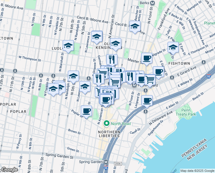 map of restaurants, bars, coffee shops, grocery stores, and more near 1135 Germantown Ave in Philadelphia