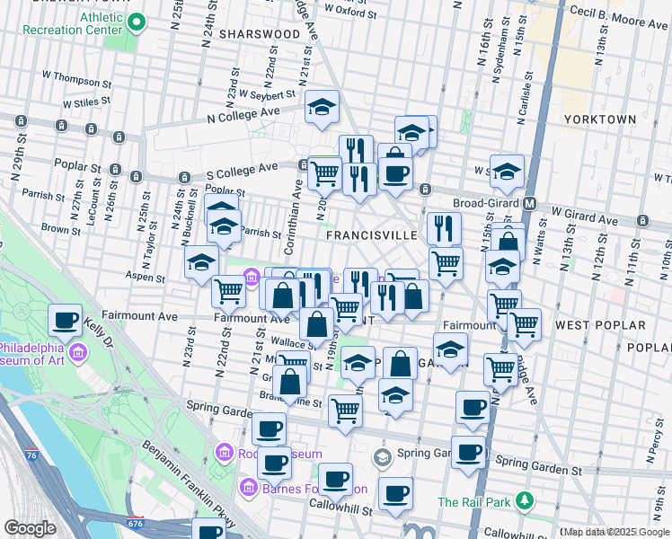 map of restaurants, bars, coffee shops, grocery stores, and more near 1905 Brown Street in Philadelphia