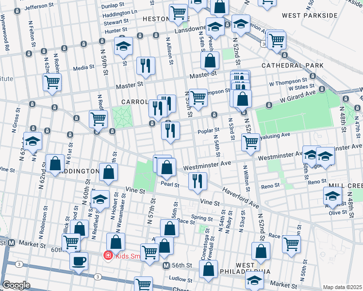 map of restaurants, bars, coffee shops, grocery stores, and more near 5539 Wyalusing Avenue in Philadelphia