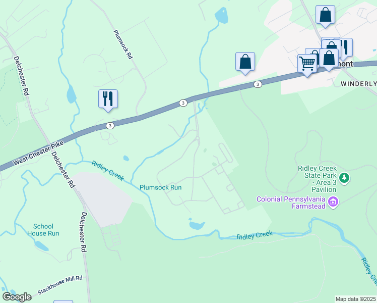 map of restaurants, bars, coffee shops, grocery stores, and more near 203 Bakers Close in Newtown Square