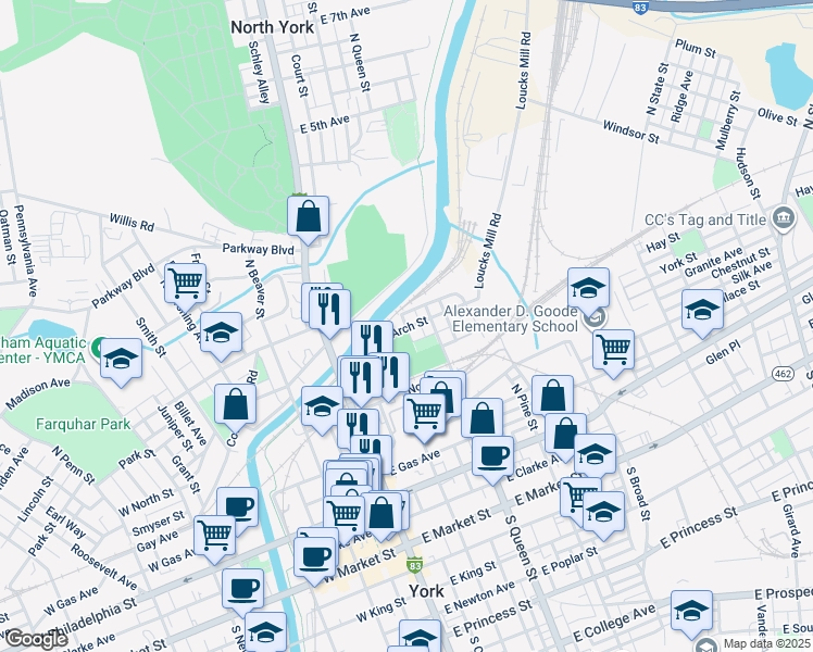 map of restaurants, bars, coffee shops, grocery stores, and more near 131 Arch Street in York