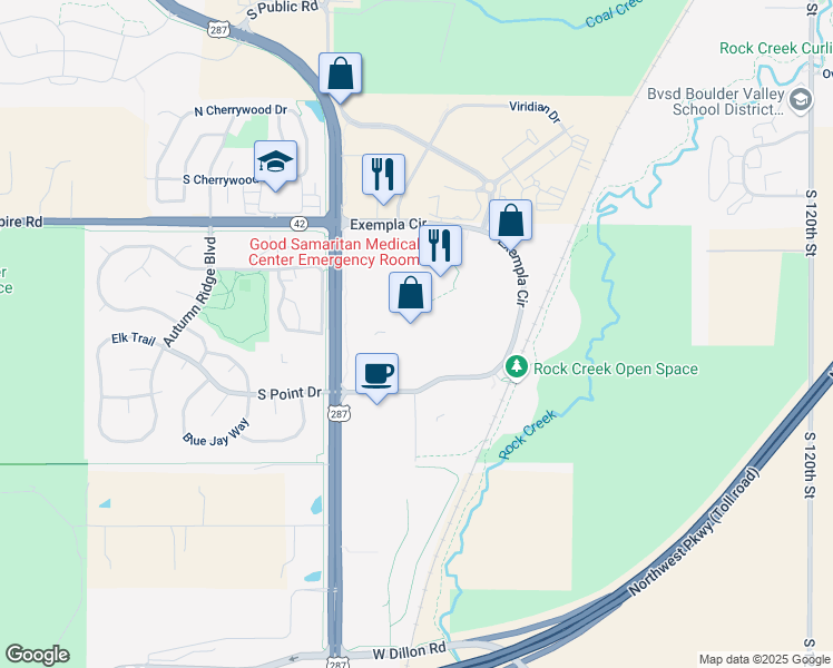 map of restaurants, bars, coffee shops, grocery stores, and more near 300 Exempla Circle in Lafayette