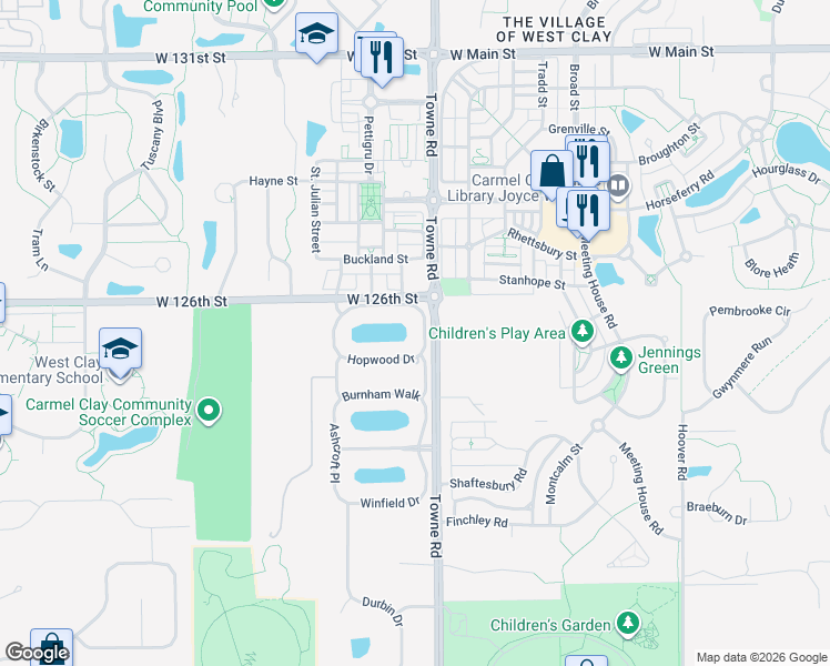 map of restaurants, bars, coffee shops, grocery stores, and more near 12308 Warrenburg Way in Carmel