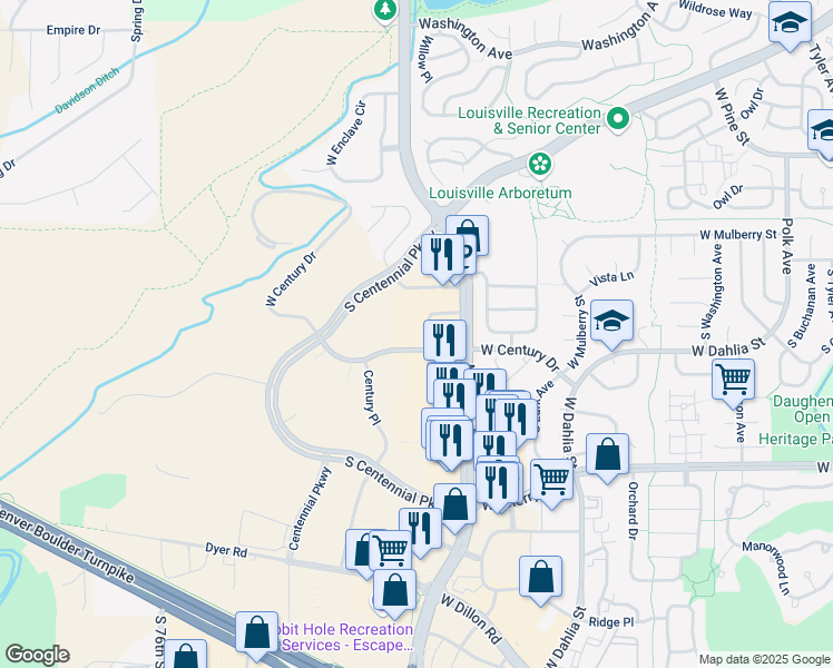 map of restaurants, bars, coffee shops, grocery stores, and more near 1053 West Century Drive in Louisville