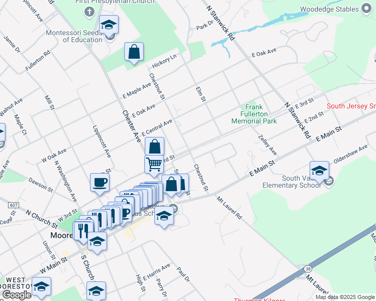 map of restaurants, bars, coffee shops, grocery stores, and more near 187 East 3rd Street in Moorestown
