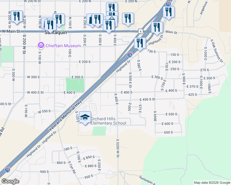 map of restaurants, bars, coffee shops, grocery stores, and more near 398 East 400 South Street in Santaquin