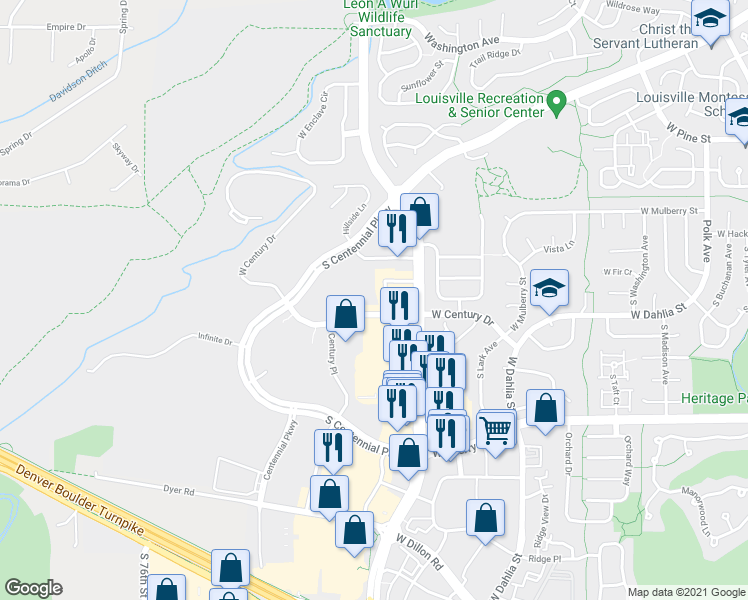 map of restaurants, bars, coffee shops, grocery stores, and more near 1053 West Century Drive in Louisville