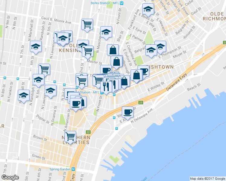 map of restaurants, bars, coffee shops, grocery stores, and more near 15 West Girard Avenue in Philadelphia