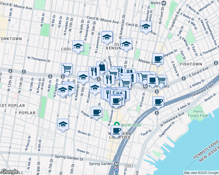 map of restaurants, bars, coffee shops, grocery stores, and more near 1151 North 3rd Street in Philadelphia