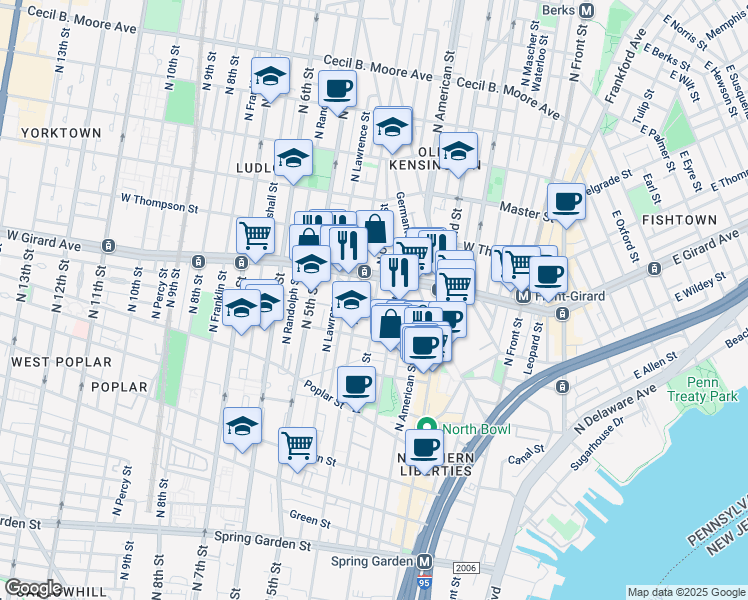 map of restaurants, bars, coffee shops, grocery stores, and more near 1140 North Orianna Street in Philadelphia