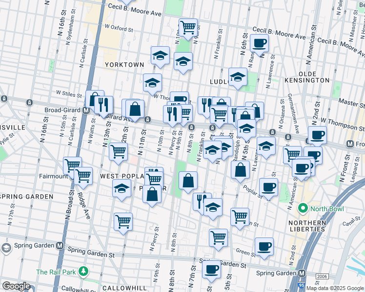 map of restaurants, bars, coffee shops, grocery stores, and more near 900-58 North 9th Street in Philadelphia