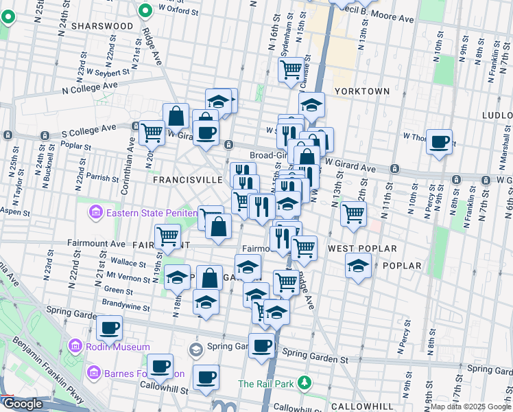 map of restaurants, bars, coffee shops, grocery stores, and more near 1504 Parrish Street in Philadelphia