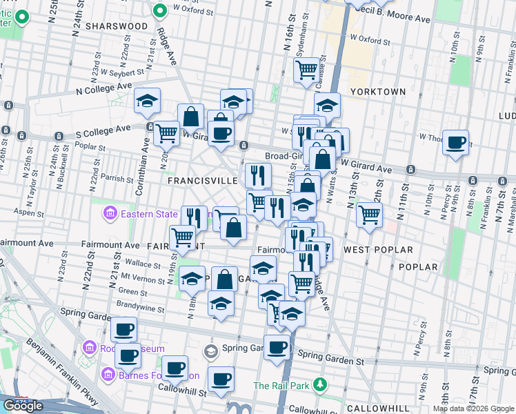 map of restaurants, bars, coffee shops, grocery stores, and more near 1530-32 Parrish Street in Philadelphia